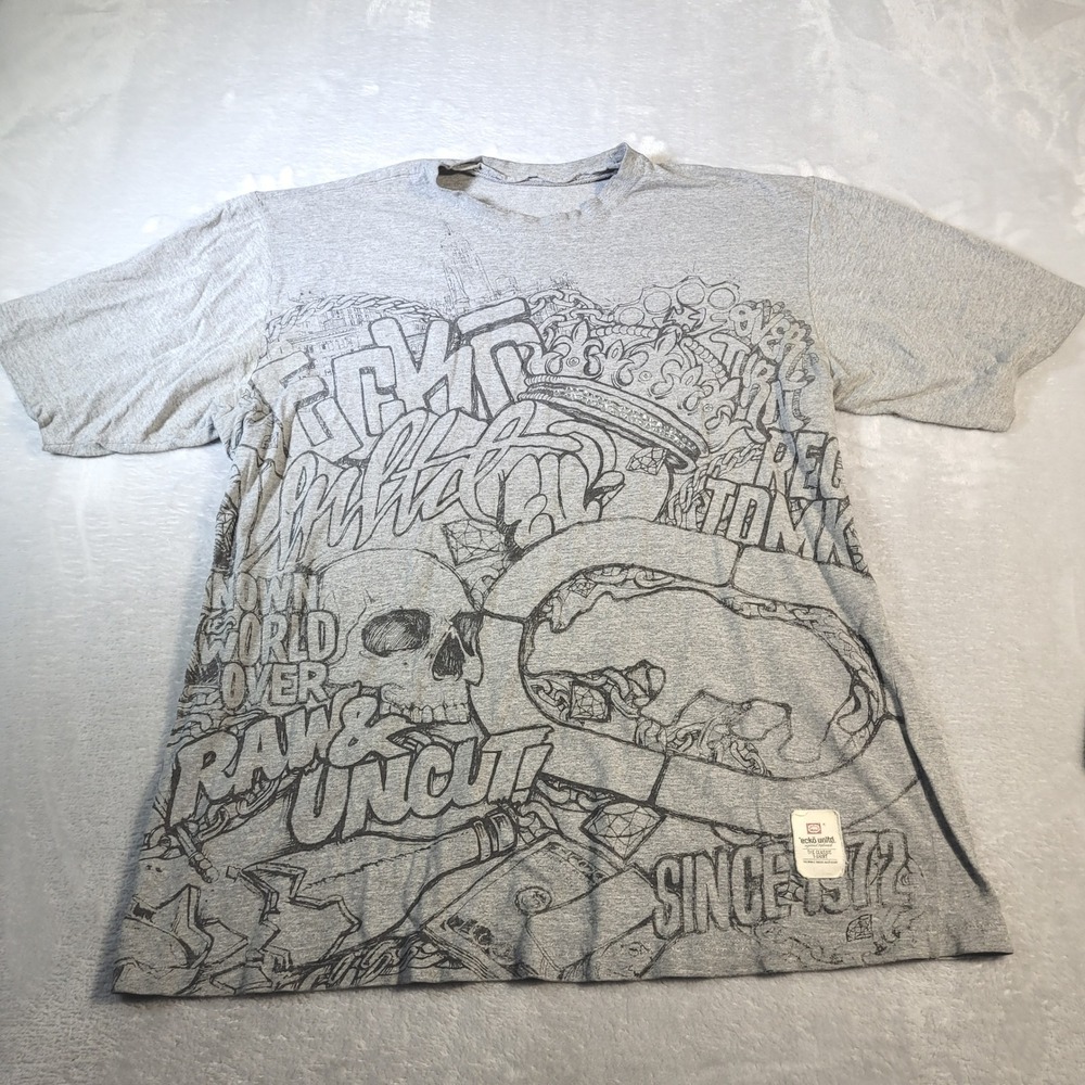 Ecko Unltd T-Shirt XL Gray Graffiti Skull Rhinestone Raw Uncut Y2K Streetwear